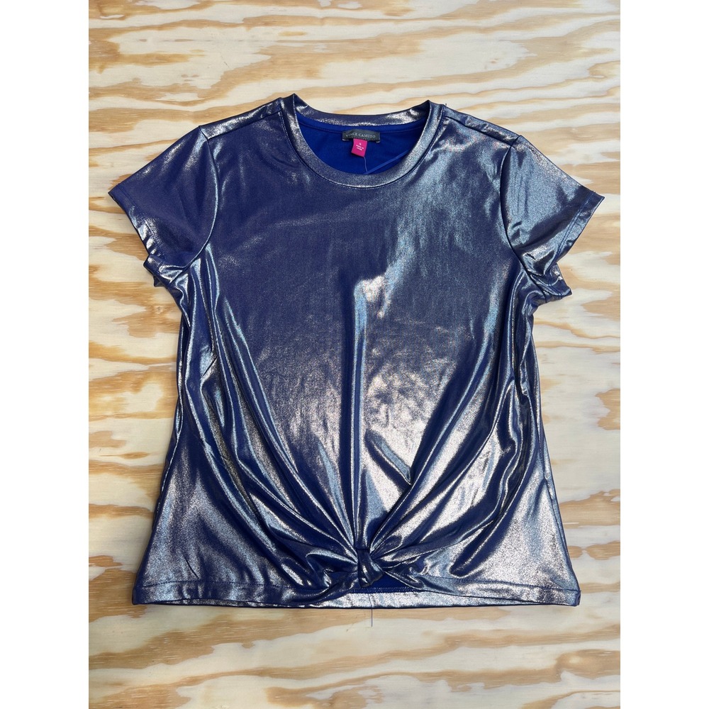 Vince Camuto Womens Blue Metallic Twist Front Short Sleeve Top Size S NEW